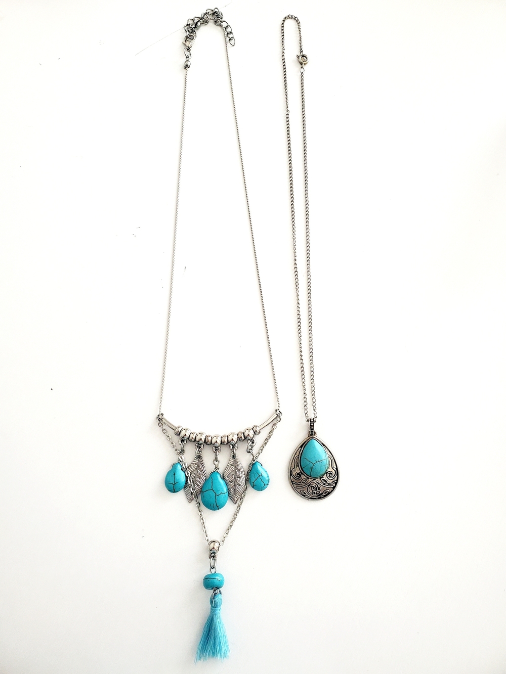 Bohemian Silver-Tone Turquoise Pendant Necklace Set - Blue